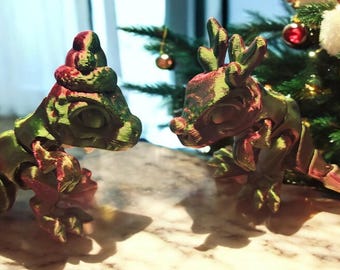 Santa and Reindeer Tiny T-Rex Key Chain Articulated 3D Print Design By Cinderwing