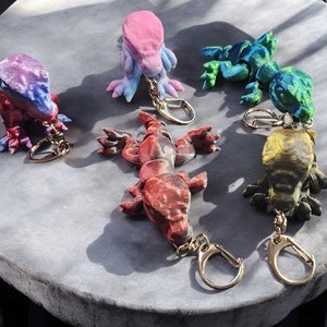 May include: Five colourful 3D printed keyrings shaped like lizards. The keyrings are attached to gold metal key rings. The lizards are in various colours, including pink, blue, green, red, and yellow.