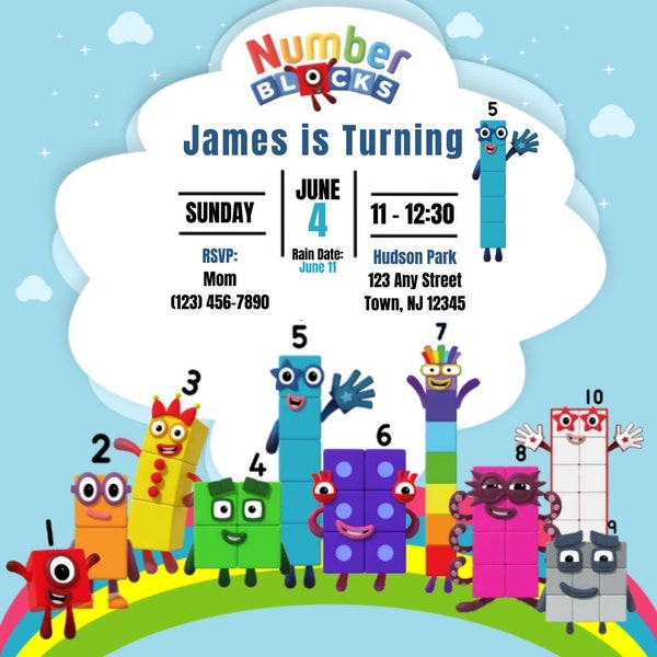 Fun Number Blocks Party Invites, Kids Birthday Invitations, Digital Printable Cards
