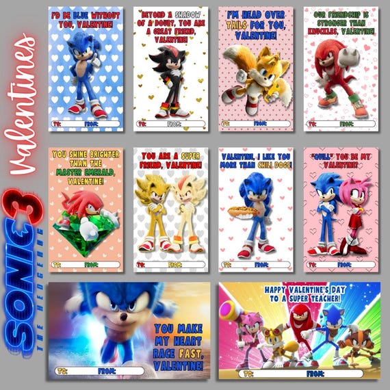 Sonic 3 Valentine's Day Cards, Kids Vday Cards, Sonic, Shadow, Amy Rose, Sonic 3 Movie, Valentine's Day, Kid's Classroom Vday Cards