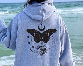 Mystic Moon and Butterfly Hoodie, Mystical Moon Sweatshirt, Moon Phase, Boho Vintage Moon Shirt, Celestial Moon Hoodie, Spiritual Hoodie