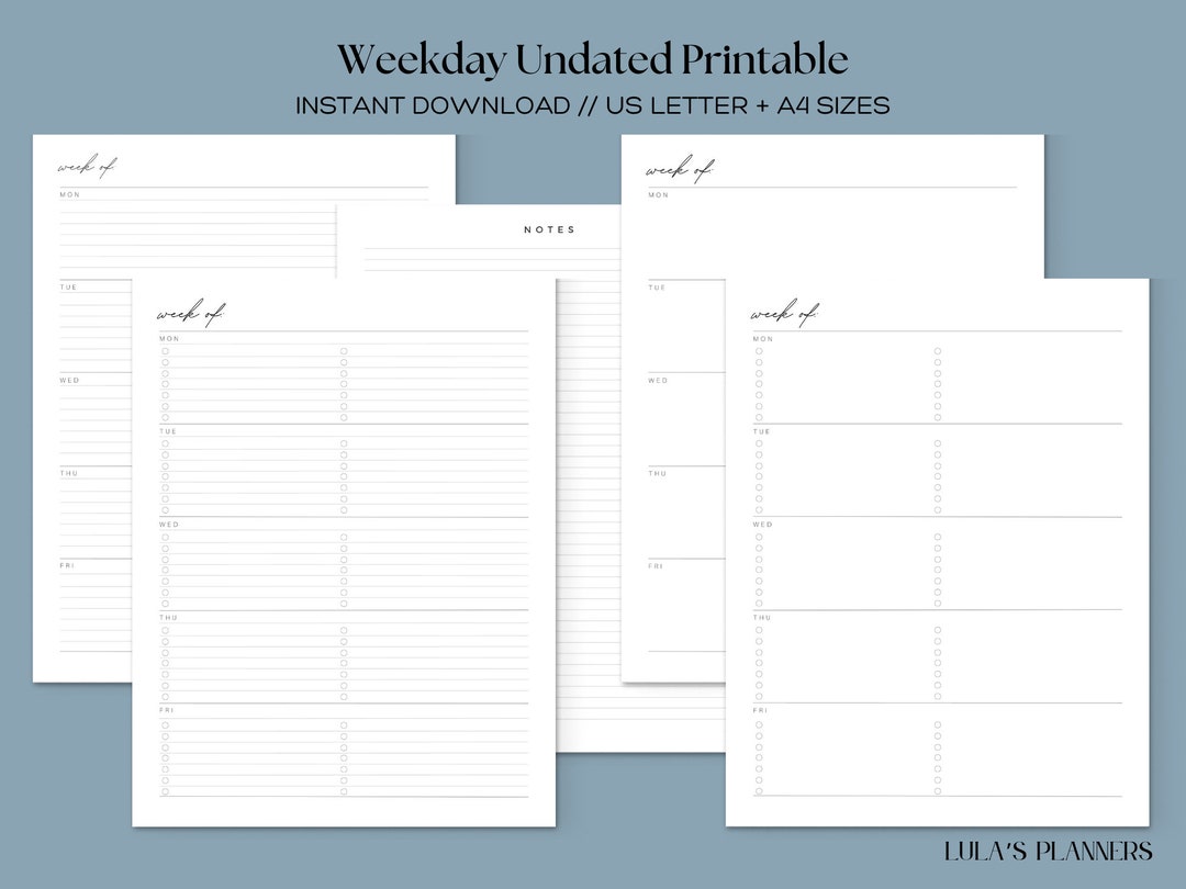 Undated Weekday, Monday-friday, Work Week Planner Printable, Lined and ...