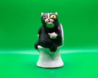 Cat Sculpture - Handmade Black Cat on a Toilet giving a Finger with attitude