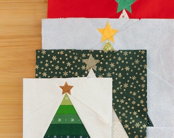 Catless Christmas Tree Quilt Block Patterns 8x8, 10x10, 12x12 & 14x14" Foundation Paper Piece FPP Stripey Christmas tree with star topper