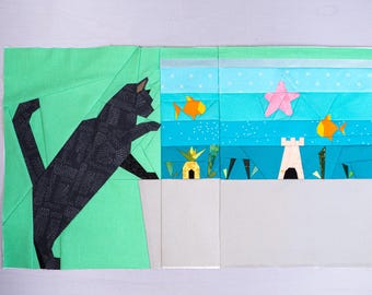 Fish Tank Kitty Quilt Block Pattern Bundle two Foundation Paper Piece FPP patterns, 14x14" Kitty Aquarium and 14x10 Scrap Aquarium