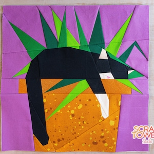 Kitty Plant Bed Quilt Block Pattern 14x14&quot; Foundation Paper Piece FPP Cat sleeping in a house plant