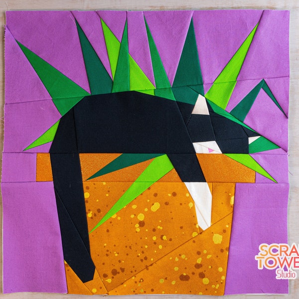 Kitty Plant Bed Quilt Block Pattern 14x14" Foundation Paper Piece FPP Cat sleeping in a house plant