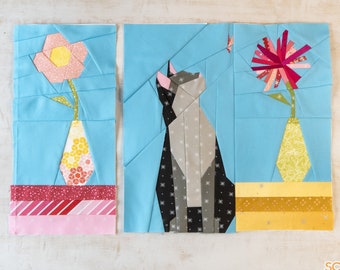 Scrappy Flower Kitty Quilt Block Pattern 14x14" with Bonus Flower 6.5x14" Foundation Paper Piece FPP Butterfly and books