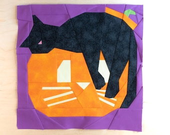 Kitty o' Lantern Quilt Block Pattern 14x14" Foundation Paper Piece FPP Cat sleeping on pumpkin spooky cute halloween