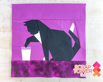 Drink Tester Kitty Quilt Block Pattern 14x14" Foundation Paper Piece FPP Cat dipping paw in glass of milk