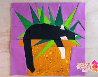 Kitty Plant Bed Quilt Block Pattern 14x14" Foundation Paper Piece FPP Cat sleeping in a house plant