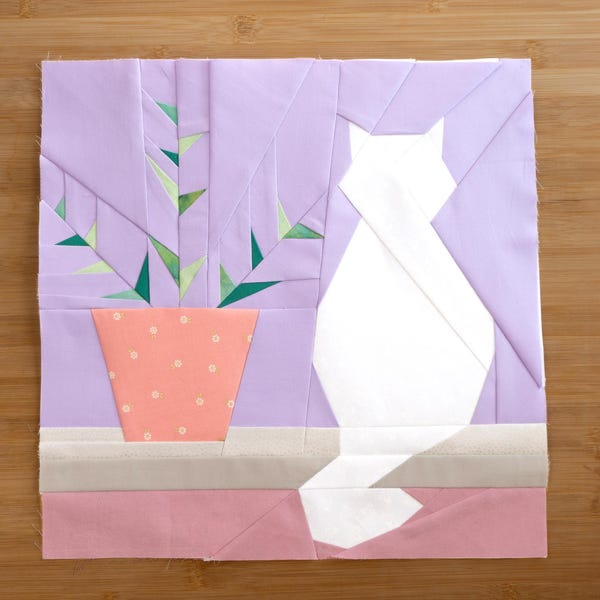 Fluffy Kitty in the Window Quilt Block Pattern 14x14" Foundation Paper Piece FPP Cat on ledge with Viney House plant