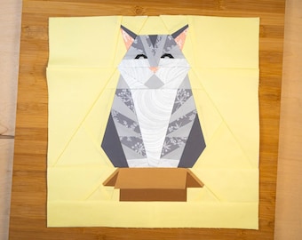 Box Kitty Quilt Block Pattern 14x14" Foundation Paper Piece FPP Tabby Cat happily overflowing a cardboard box, he fits, he sits
