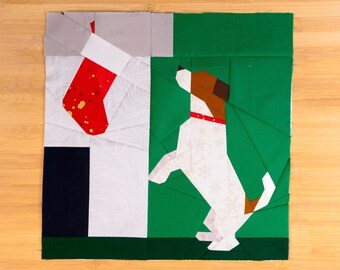 Sneaky Stocking Pup Quilt Block Pattern 14x14" Foundation Paper Piece FPP Little dog peeking into Christmas stocking