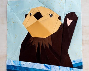 Otter Wave Quilt Block Pattern 16x16" Foundation Paper Piece FPP, cute marine mammal with a heart pebble in the water