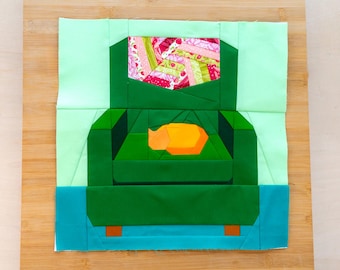 Seats Taken: Cinnamon's Chair Quilt Block Pattern 14x14" Foundation Paper Piece FPP Cat on armchair