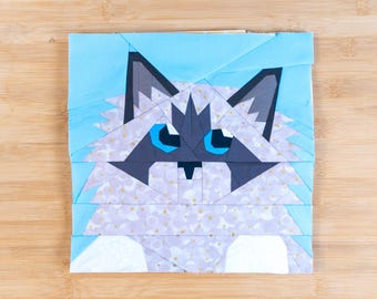 Fluffy Kitty Close Up Quilt Block Pattern 10x10" Foundation Paper Piece FPP Rag Doll cat face peaking up