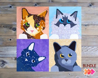 Paquete para el día de la foto: 4 patrones de bloques de edredón de gatos de cerca, cada uno de 10 x 10 pulgadas, pieza de papel base FPP