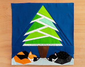 Under Tree Kitties Quilt Block Pattern 14x14" - Foundation Paper Piece FPP square Tuxedo & Calico cats under a Christmas tree