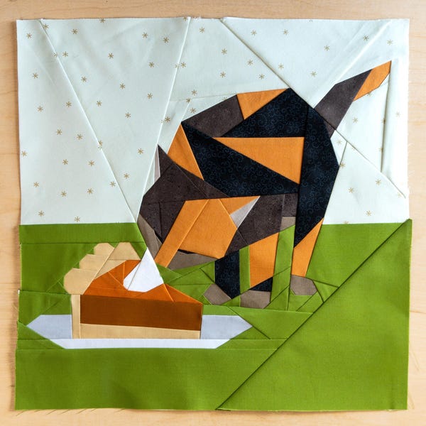 Pumpkin Pie Calico Kitty Quilt Block Pattern 14x14" Foundation Paper Piece FPP Cat eating Thanksgiving Dessert Autumn/Fall