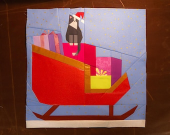 Santa Sleigh Kitty Quilt Block Pattern 20x20" Foundation Paper Piece FPP Cat in Santa hat on pile of christmas presents on sled