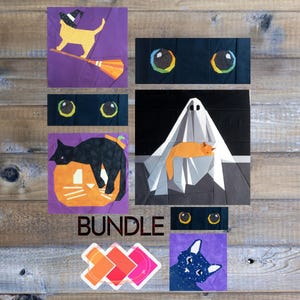 Puede incluir: Un conjunto de cuadrados de tela con temática de Halloween, con gatos, fantasmas y calabazas. Un cuadrado muestra un gato amarillo en una escoba, otro un gato negro en una calabaza y un fantasma con un gato naranja. Se muestra la palabra "BUNDLE".
