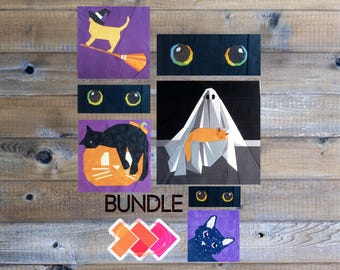 Halloween Cat Pattern Bundle, 5 Foundation Paper Piece FPP Quilt Blocks, Black Cat, Cat Eyes, Kitty o'lantern, witchy kitty and Ghost lapcat