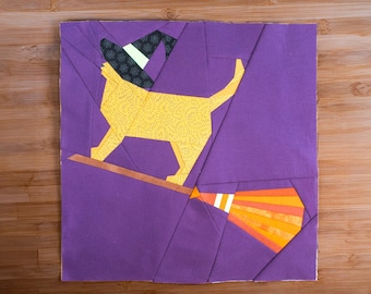 Witchy Kitty Quilt Block Pattern 14x14" Foundation Paper Piece FPP Cat in a witch hat riding a broom, spooky cute Halloween Sewing project