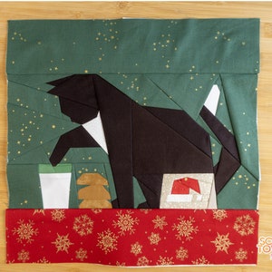 "Plätzchen für Santa Quilt Block Pattern 14x14" Foundation Papierstück FPP Katze taucht Pfote in Glas Milch / Eierpunsch Hinweis für Santa Weihnachten