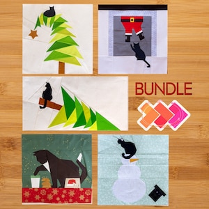 Weihnachtskatze Quilt Block Muster Bündel: Vier 14x14 "& ein 10x20" Foundation Papierstück FPP Muster. Weihnachtsbäume, Weihnachtsmann, Schneemann