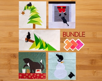Christmas Cat Quilt Block Pattern Bundle: Four 14x14" & One 10x20" Foundation Paper Piece FPP Patterns. Christmas Trees, Santa, Snowman