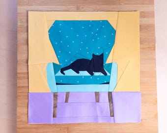Seats Taken: Bella's Chair Quilt Block Pattern 14x14" Foundation Paper Piece FPP Cat Armchair