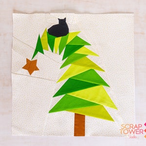 Modello di blocco trapuntato Tree Topper Kitty 14x14" - Pezzo di carta di fondazione