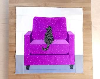 Seats Taken: Smokey's Chair Quilt Block Pattern 14x14" Foundation Paper Piece FPP Cat Armchair
