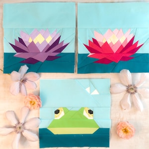 Modelli di blocchi per quilt "Frog Pond" Due quadrati da 8x8", pezzo di carta di fondazione FPP Ninfea e rana con insetto
