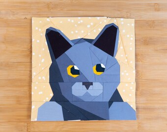 Grey Kitty Close Up Quilt Block Pattern 10x10" Foundation Paper Piece FPP British Short Hair cat face peaking up