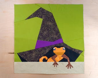 Witchy Halloween Newt Quilt Block Pattern 20x20" Foundation Paper Piece FPP