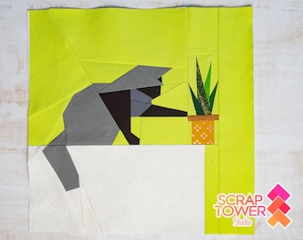 Counter Clearing Kitty Quilt Block Pattern 14x14"  Foundation Paper Piece FPP Cat Knocking over house plant