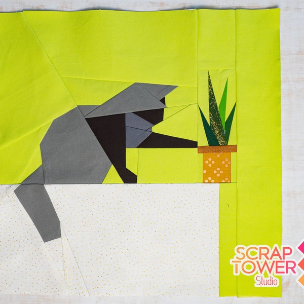 Counter Clearing Kitty Quilt Block Pattern 14x14"  Foundation Paper Piece FPP Cat Knocking over house plant