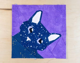 Tilted Close Up Kitty Quilt Block Pattern 10x10" Foundation Paper Piece FPP Black cat not quiet in frame but face peaking up