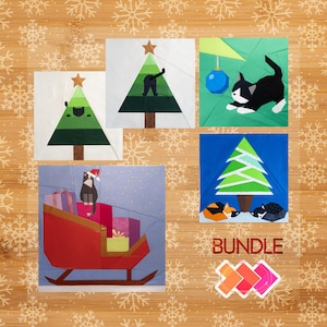 Christmas Cat Quilt Block Pattern Bundle 2025: Four 14x14" & One 20x20" Foundation Paper Piece FPP Patterns. Christmas Trees, Santa Sleigh