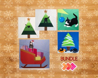 Christmas Cat Quilt Block Pattern Bundle 2025: Four 14x14" & One 20x20" Foundation Paper Piece FPP Patterns. Christmas Trees, Santa Sleigh