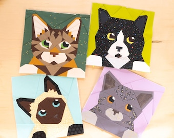 Picture Day Bundle Two: 4 Close Up Cat Quilt Block Patterns each measuring 10x10" Foundation Paper Piece FPP