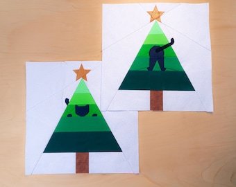 Christmas Cat Tree Quilt Block Patterns 14x14" Foundation Paper Piece FPP, Includes two squares, front & back view of Cat in Christmas Tree