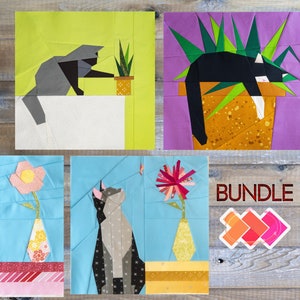 Gardening Buddies Bundle of Three, 14x14&quot; FPP (Foundation Paper Piece) Quilt Block Patterns, House plant cats, flowers, potted plants