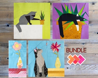 Gardening Buddies Bundle of Three, 14x14" FPP (Foundation Paper Piece) Quilt Block Patterns, House plant cats, flowers, potted plants