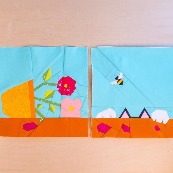 Kitty Bumble Quilt Block Pattern Set of 2 Foundation Paper Piece FPP cat knocked over potted flowers bumble bee total size 14x28