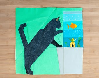 Aquarium Kitty Quilt Block Pattern Foundation Paper Piece FPP Square, 14x14" Cat checking out a fish Tank