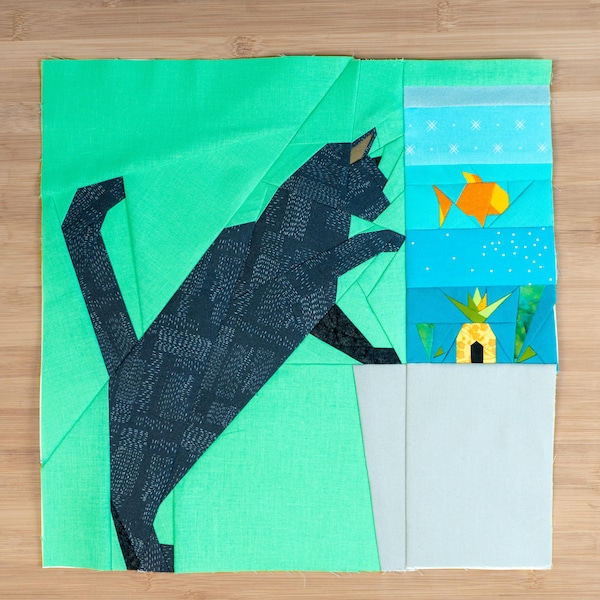 Aquarium Kitty Quilt Block Pattern Foundation Paper Piece FPP Square, 14x14" Cat checking out a fish Tank