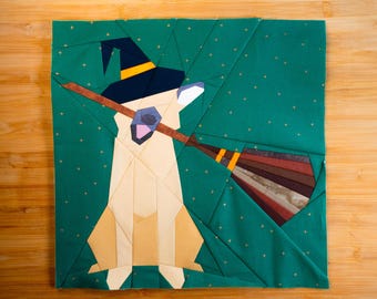 Witchy Dog Quilt Block Pattern 14x14" Foundation Paper Piece FPP Sorcerer Dog in wizard hat has spooky cute halloween broom in his mouth